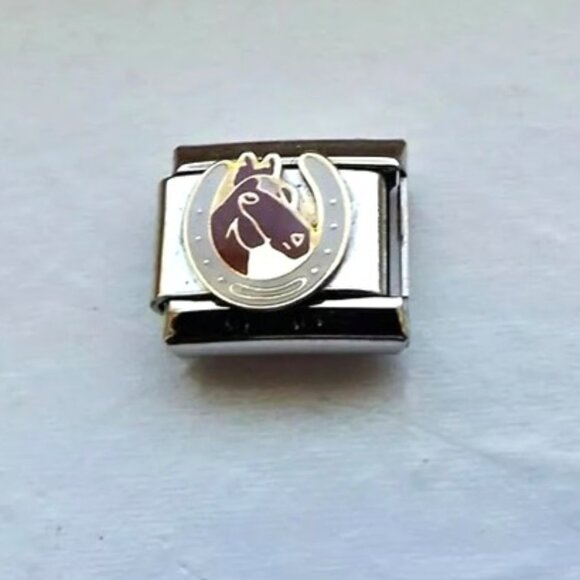 Enamel horse in a horseshoe 9mm stainless steel italian charm bracelet link new - Picture 1 of 2